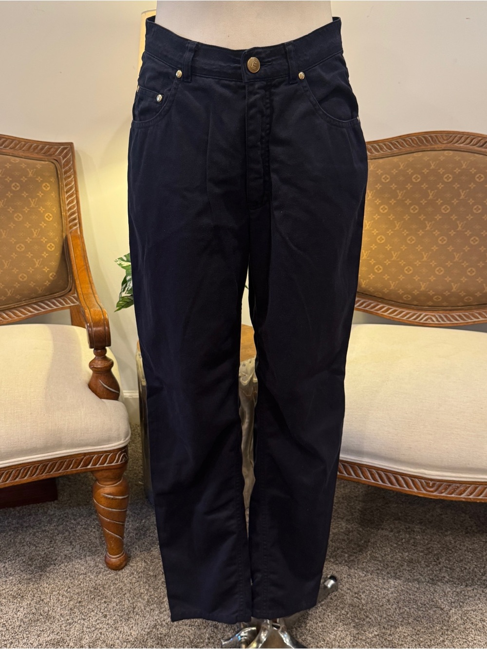 Escada Vintage 90s Navy Blue Straight Leg High Waisted Cotton Trousers Pants 6